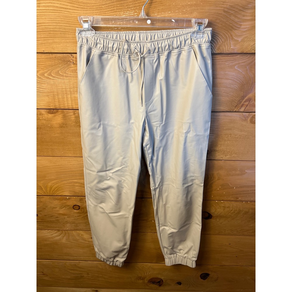 R Label Women's Beige Faux Leather Jogger Pants‎ Drawstring Elastic Waist Small